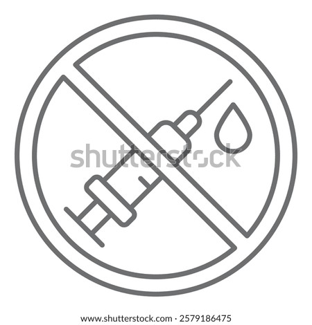 Syringe needle with drop ban thin line icon, prohibited elements concept. Vector graphics. Injection of vaccine forbidden sign on white background, outline style icon for mobile or web design