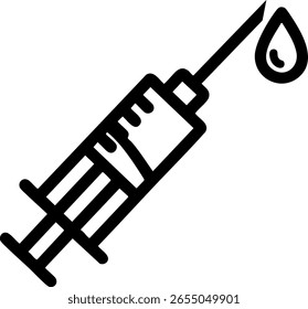 Jeringa y aguja con una gota de líquido. Un símbolo de vacunación, inmunización y tratamiento médico. Icono de vacuna inyectada