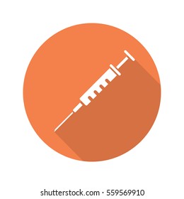 Syringe with needle. Flat design long shadow icon. Vector silhouette symbol