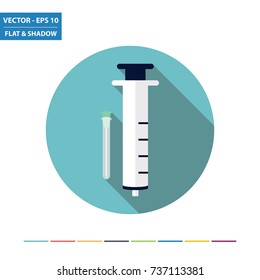 Syringe and needle flat icon with long shadow. Vector Illustration.