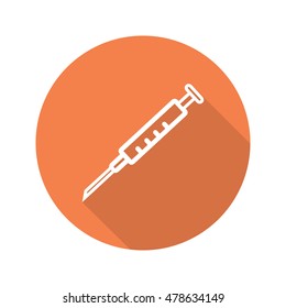 Syringe with needle icon. Flat linear long shadow symbol. Vector line symbol
