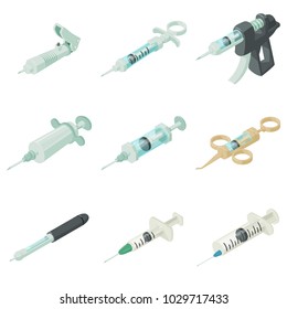 Syringe needle injection icons set. Isometric illustration of 9 syringe needle injection vector icons for web