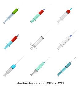 Syringe needle injection icons set. Flat illustration of 9 syringe needle injection vector icons isolated on white