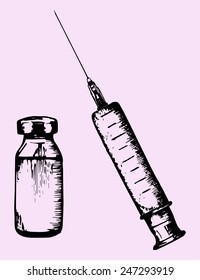 syringe with needle and jar