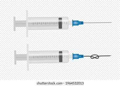 A syringe with a needle tied in a knot. Vector illustration. Isolated transparent background.
