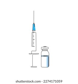 Syringe with needle and vaccine tube. One line art