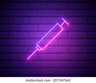 Syringe neon icon. Elements of Sciense set. Simple icon for websites, web design, mobile app, info graphics isolated on brick wall