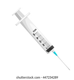 Syringe on white background. Isolate. Disposable plastic syringe with a needle for injection. Cartoon style. Stock vector illustration