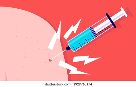 Syringe pain - Painful vaccine injected into arm with red background. Fear of needles concept. Vector illustration.