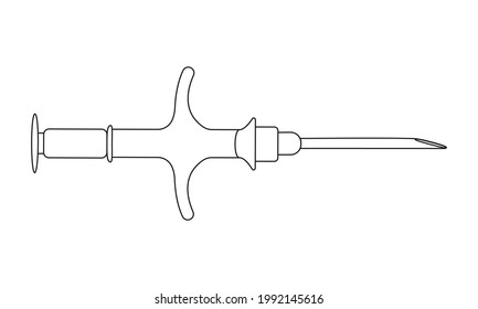 Syringe for pet microchipping in linear style. Veterinarian tool for dog or cat implant procedure. Concept of pets permanent ID. Editable stroke. Vector outline illustration.