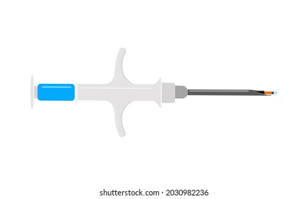 Syringe For Pet Microchipping With Microchip. Veterinarian Tool For Dog Or Cat Implant Procedure. Concept Of Pets Permanent ID. Vector Flat Illustration.