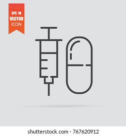 Syringe and pill icon in flat style isolated on grey background. For your design, logo. Vector illustration.