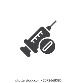 A syringe and a pill vector icon. filled flat sign for mobile concept and web design. Injection Pain Relief glyph icon. Pharmacy symbol, logo illustration. Vector graphics