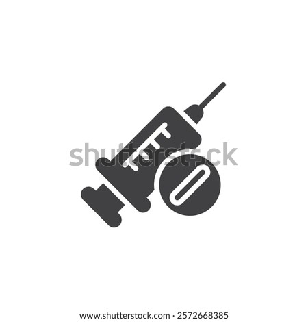 A syringe and a pill vector icon. filled flat sign for mobile concept and web design. Injection Pain Relief glyph icon. Pharmacy symbol, logo illustration. Vector graphics