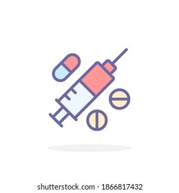 Syringe and pills icon in filled outline style. For your design, logo. Vector illustration.