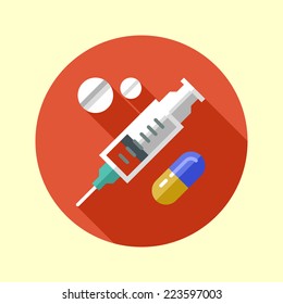 Syringe and pills icon. Long shadow flat design. Vector illustration.