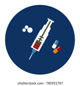 Syringe and pills icon. Vector illustration.