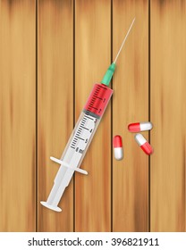 Syringe and pills on wooden planks. EPS10 vector