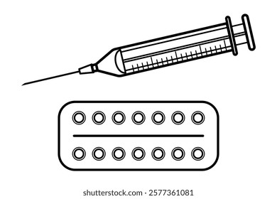 Syringe and pills outline icon symbol representing medicine, healthcare and pharmaceutical industry