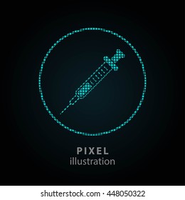 Syringe - pixel icon. Vector Illustration. Design logo element. Isolated on black background. It is easy to change to any color.