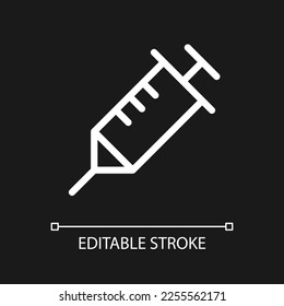 Syringe pixel perfect white linear ui icon for dark theme. Regular vaccination and immunization. Vector line pictogram. Isolated user interface symbol for night mode. Editable stroke. Arial font used