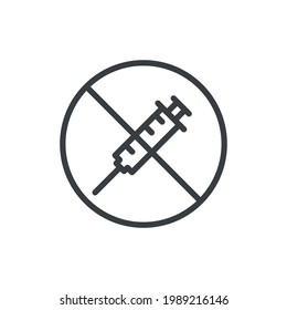 Syringe prohibition icon. No drugs symbol. Vaccination forbidden. No injection line sign. Vector isolated on white