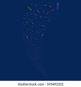 Syringe random fireworks stream. Vector illustration style is flat bright multicolored iconic symbols on a blue background. Object fountain combined from scattered pictographs.