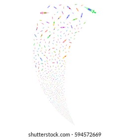 Syringe random fireworks stream. Vector illustration style is flat bright multicolored iconic symbols on a white background. Object fountain organized from scattered pictograms.