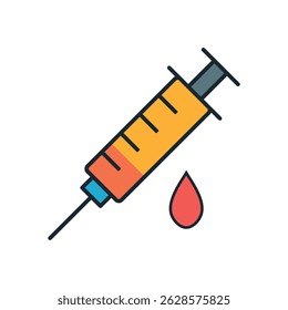 Seringa com gota vermelha de líquido simbolizando o exame de sangue, injeção médica, tratamento de saúde, imunização e conceito de vacinação