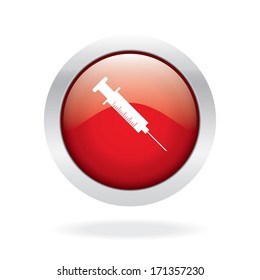Syringe red glossy button with white background
