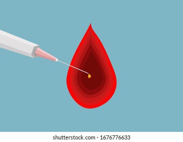 Syringe with red gradient drop blood against blue background.
