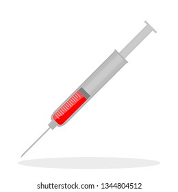 syringe with red liquid isolated on white background; blood collecting, vaccine and drug injection, health care and medical equipment concept. vector illustration 