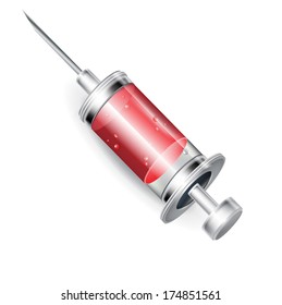 syringe with red liquid isolated on white background
