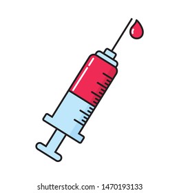 Syringe with red liquid on its inside vector illustration isolated on white background. Syringe cartoon illustration for medical graphic design theme.