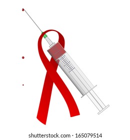 Syringe and red ribbon.