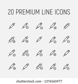 Syringe related vector icon set. Well-crafted sign in thin line style with editable stroke. Vector symbols isolated on a white background. Simple pictograms