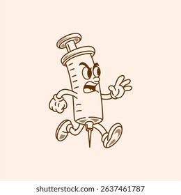 Syringe running cartoon illustration design. Syringe vector template logo.