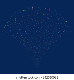 Syringe salute stream. Vector illustration style is flat bright multicolored iconic symbols on a blue background. Object stream fountain done from random symbols.