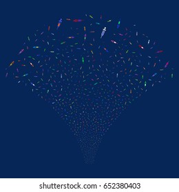 Syringe salute stream. Vector illustration style is flat bright multicolored iconic symbols on a blue background. Object explosion fountain made from random pictograms.