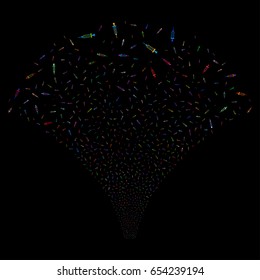 Syringe salute stream. Vector illustration style is flat bright multicolored iconic symbols on a black background. Object explosion fountain done from random pictographs.