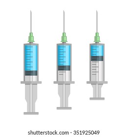 Syringe Set with Blue Liquid on White Background. Vector