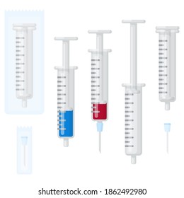 Syringe set: individually packed syringe, vaccine syringe, blood collection syringe. Vector illustration
