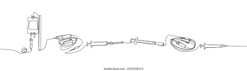 Syringe set. Injection, Saline Bottle, catheter, medical supplies, equipment one line art. Continuous line drawing of medication, needle, healthcare, clinical, disposable, tool, narcotic, pandemic