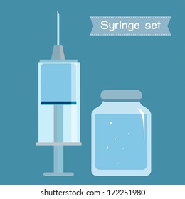 syringe set. syringe and medicine vials, vector illustration.