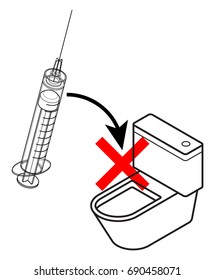 Syringe / sharps disposal icon / sign - do not dispose of in the toilet or septic system.