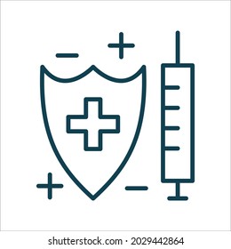 Syringe and shield line icon isolated vector. Protection. Editable stroke symbol. Vaccines against virus, vaccination sheldule, anti vaccine, shield virus. Flu, hepatitis, measles covid prevention