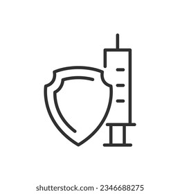 Syringe and shield, linear icon. injection, vaccine, inoculation. Line with editable stroke