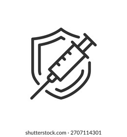 Seringa com escudo, ícone linear. Vacinação e proteção imunitária. Linha com traçado editável.
