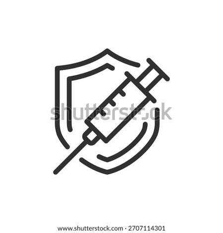 Syringe with shield, linear icon. Vaccination and immune protection. Line with editable stroke.