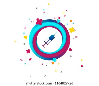 Syringe sign icon. Medicine symbol. Colorful button with icon. Geometric elements. Vector